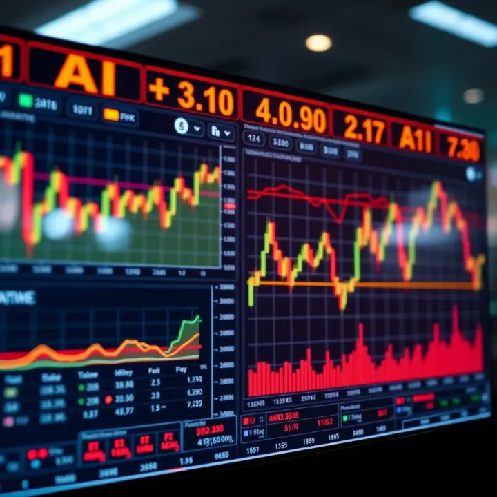 Digital interface showing AI-powered stock market analytics with graphs and data insights