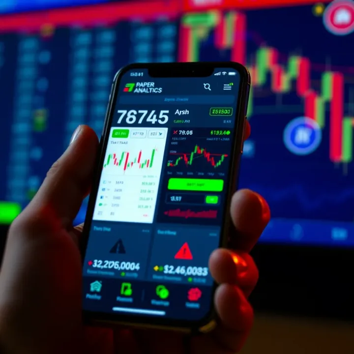 Mobile phone displaying a user interface of a paper trading app with stock charts and analytics