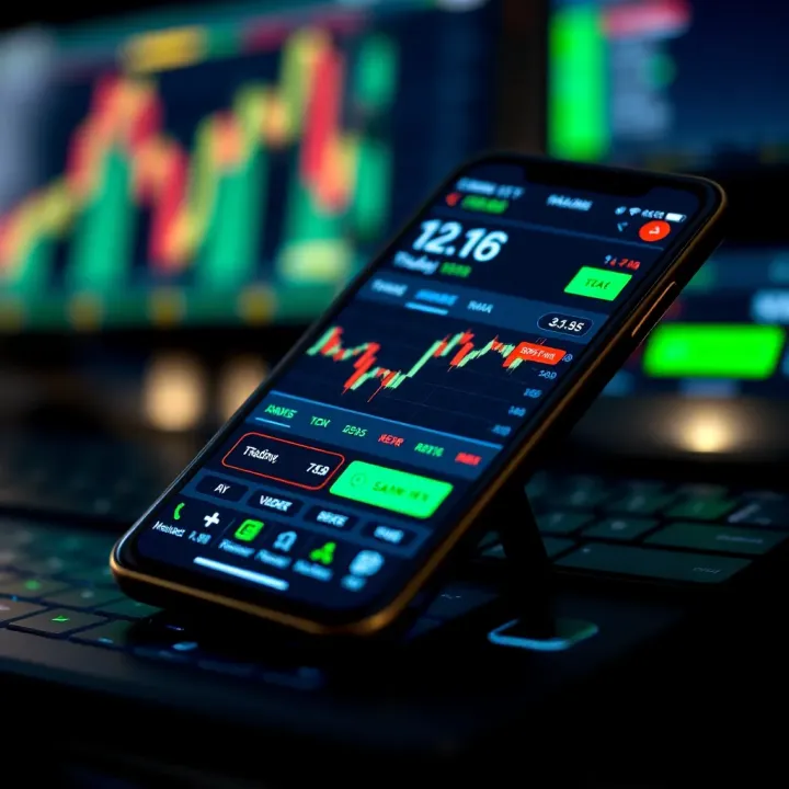 Mobile phone screen displaying a stock market trading app interface with charts and data