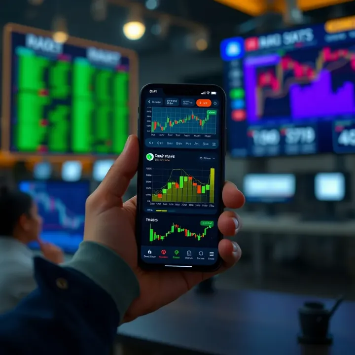 Smartphone displaying various trading app interfaces with graphs and charts