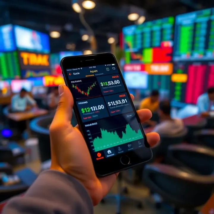 Smartphone screen displaying multiple trading app interfaces with stock charts and investment options