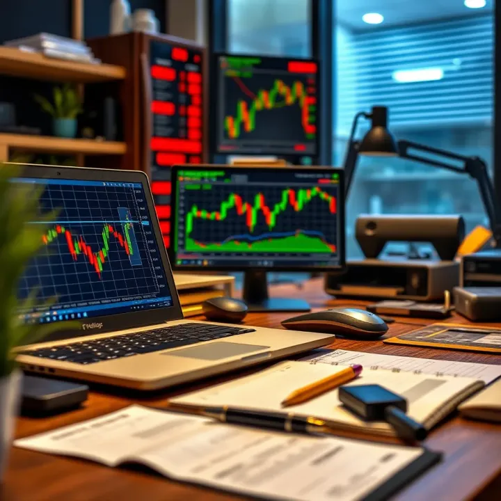 Workspace Featuring Intraday Trading Charts and Risk Management Planning Desk setup with laptop displaying candlestick charts and notes on risk management strategies