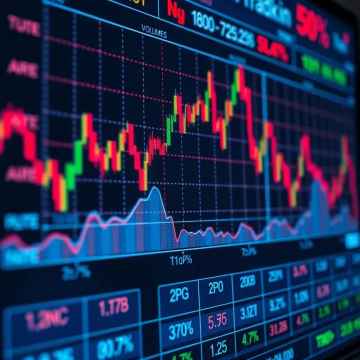 Stock Market Chart Depicting Price Fluctuations and Trading Volumes Graph showing stock price movements and trading volumes on a digital screen with financial data
