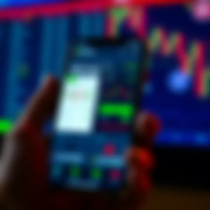 Mobile phone displaying a user interface of a paper trading app with stock charts and analytics