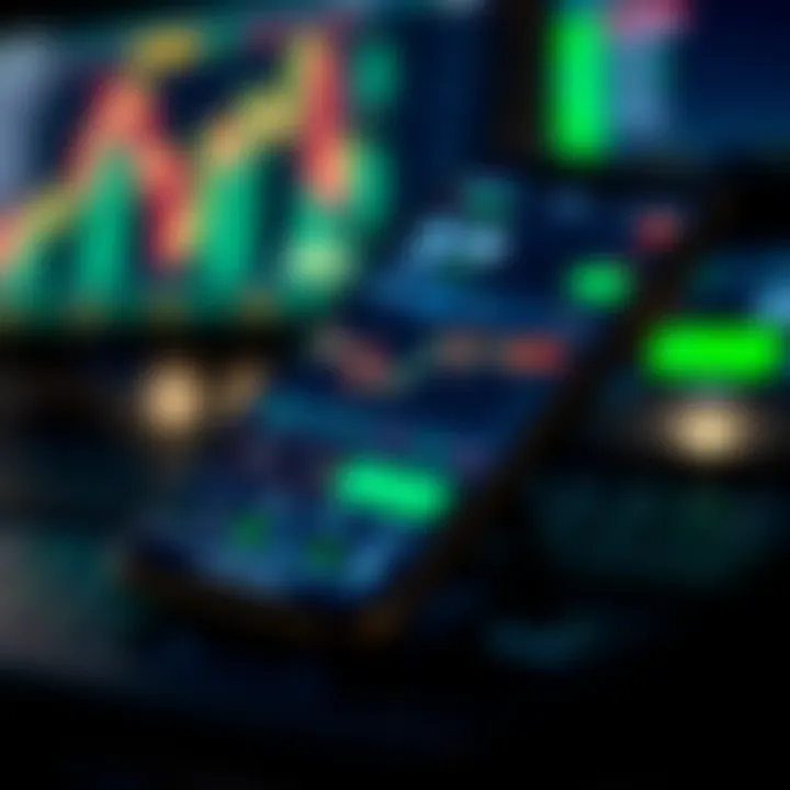 Mobile phone screen displaying a stock market trading app interface with charts and data