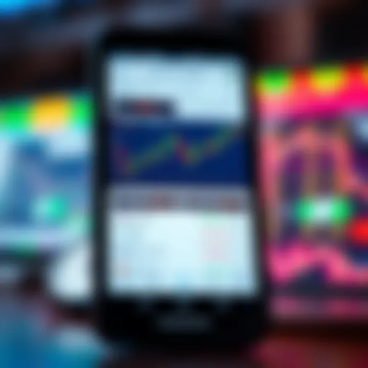 Mobile phone displaying currency trading app interface with charts and options