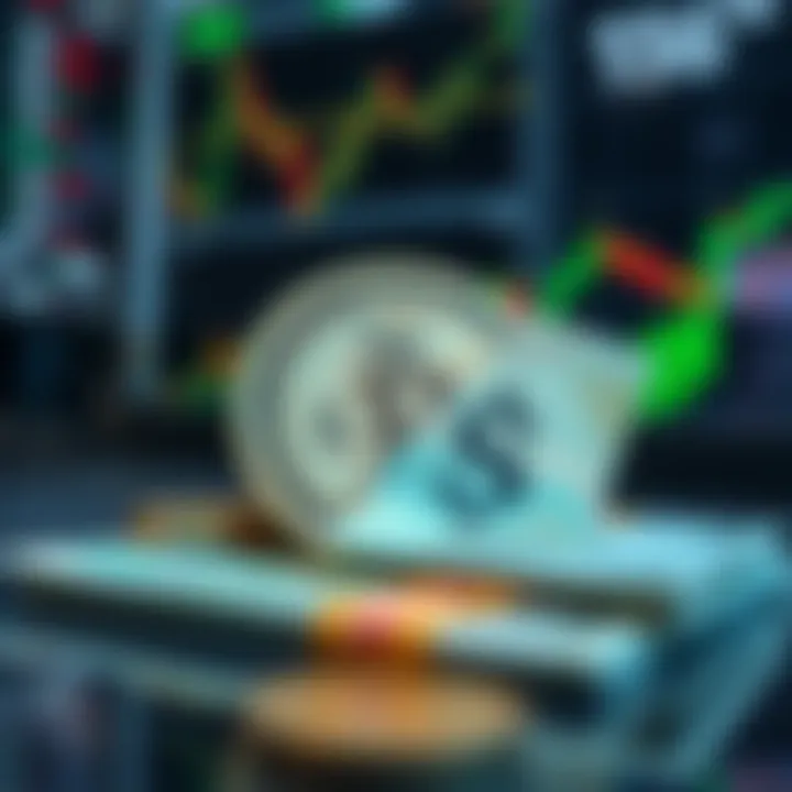 Conceptual illustration of low fees saving money in stock trading with currency and chart elements