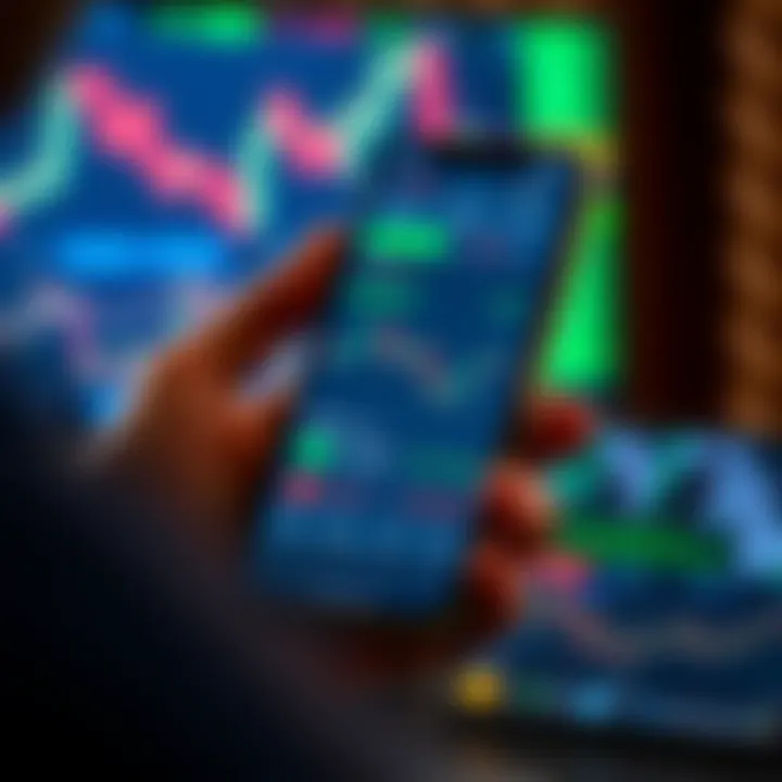 Mobile phone displaying a trading app interface with graphs and stock prices