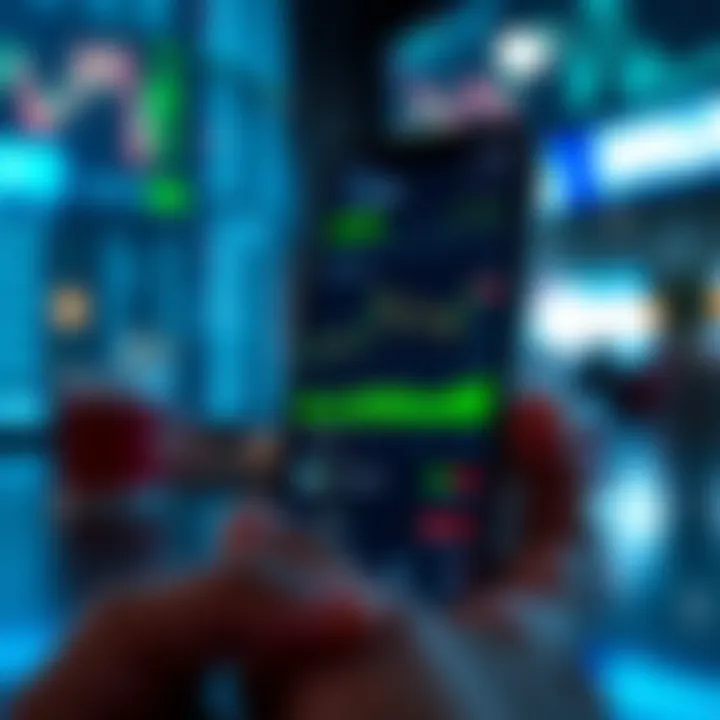 Mobile phone displaying trading app interface with stock charts and investment options