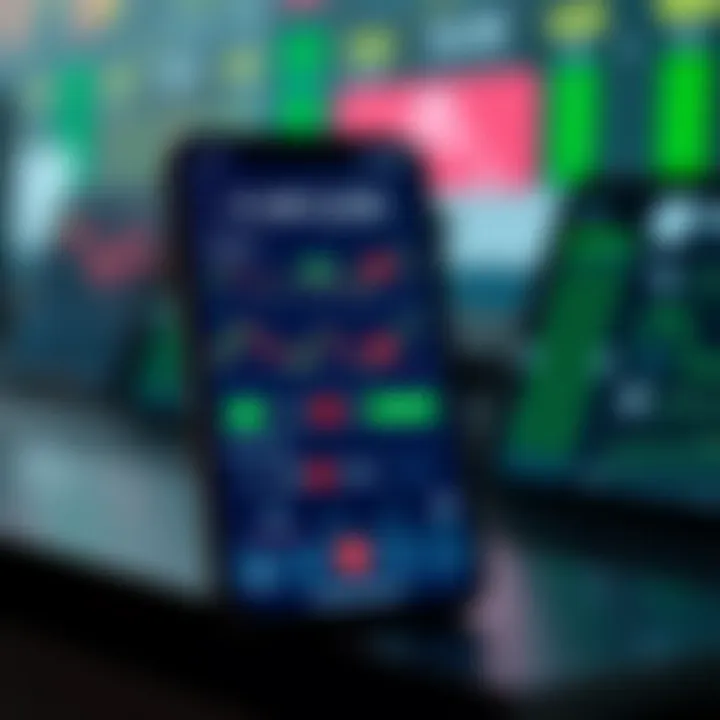 Mobile phone displaying a user-friendly trading app interface showing various financial charts and options