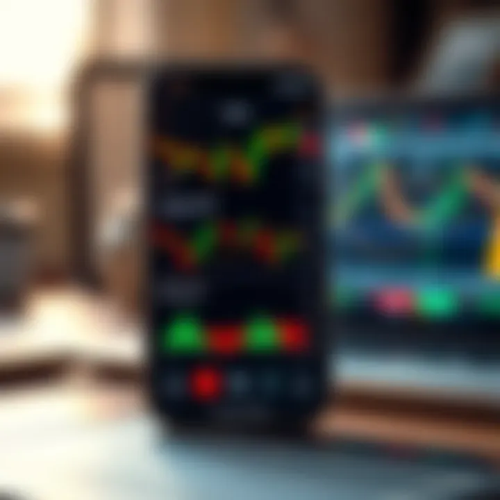 Mobile phone displaying various financial charts and stock market data on trading application interface