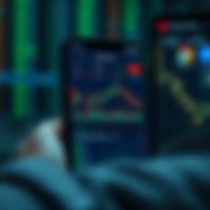 Mobile Trading App Interface Showing Market Data and Portfolio User interface of a mobile trading application displaying stock market charts and portfolio summary