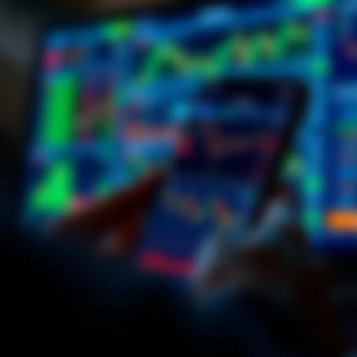 Mobile device showing various financial charts and trading app interface with market data