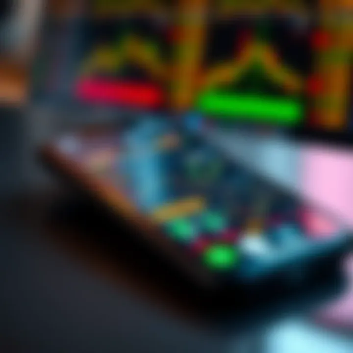 Digital Stock Market Interface on Mobile Device Digital interface displaying various stock market charts and indicators on a smartphone