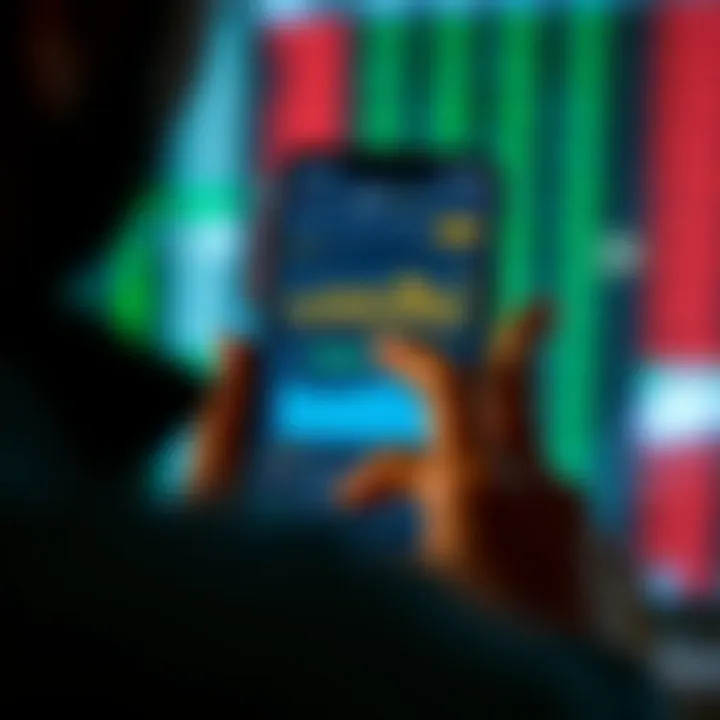 User interacting with a mobile trading app showing stock charts and portfolio summary