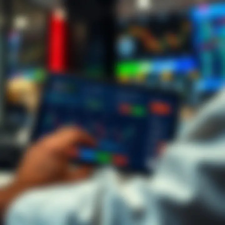 User analyzing features of various trading applications on a digital tablet with charts and investment options