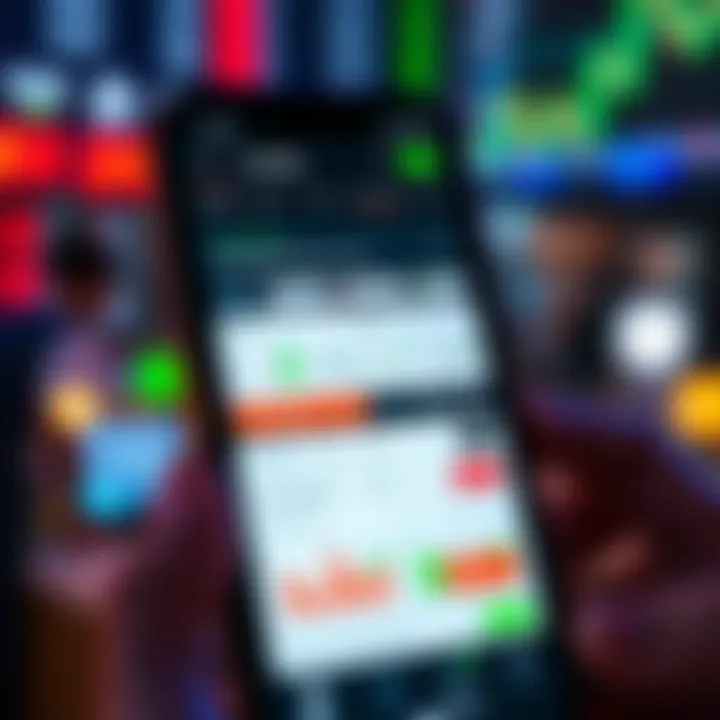 Mobile phone display showing various Indian stock market trading graphs and charts with low deposit indicators