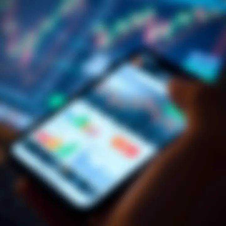 Mobile device displaying various stock market trading charts and analytics