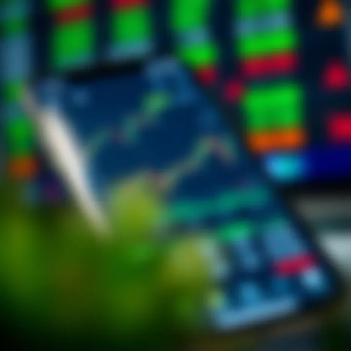 User interface displaying stock market charts and trading options on a mobile device