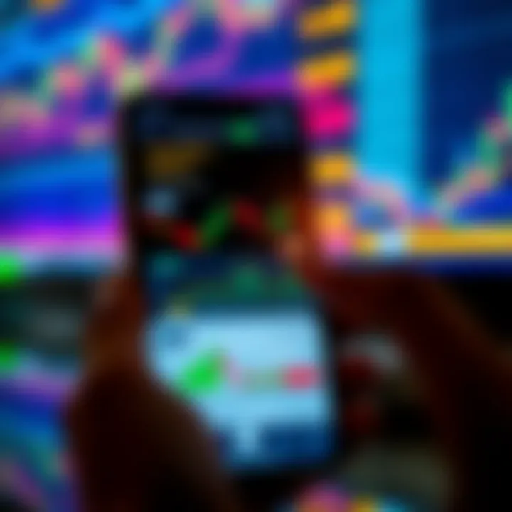 Mobile phone displaying an online trading app interface with stock charts and indicators