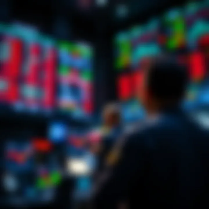 Stock exchange trading floor with charts showing closing bell and deadline alerts for traders