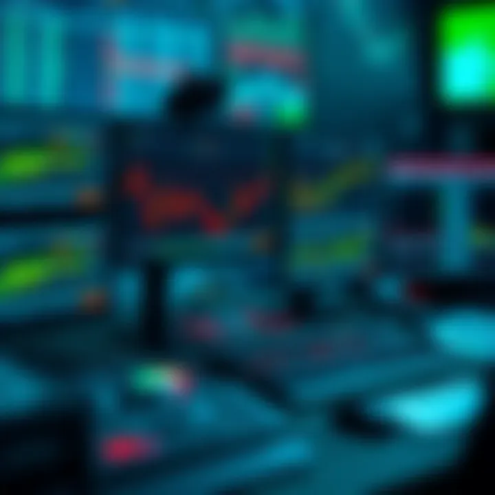 Trading desk setup displaying multiple monitors with market analysis and trading tools