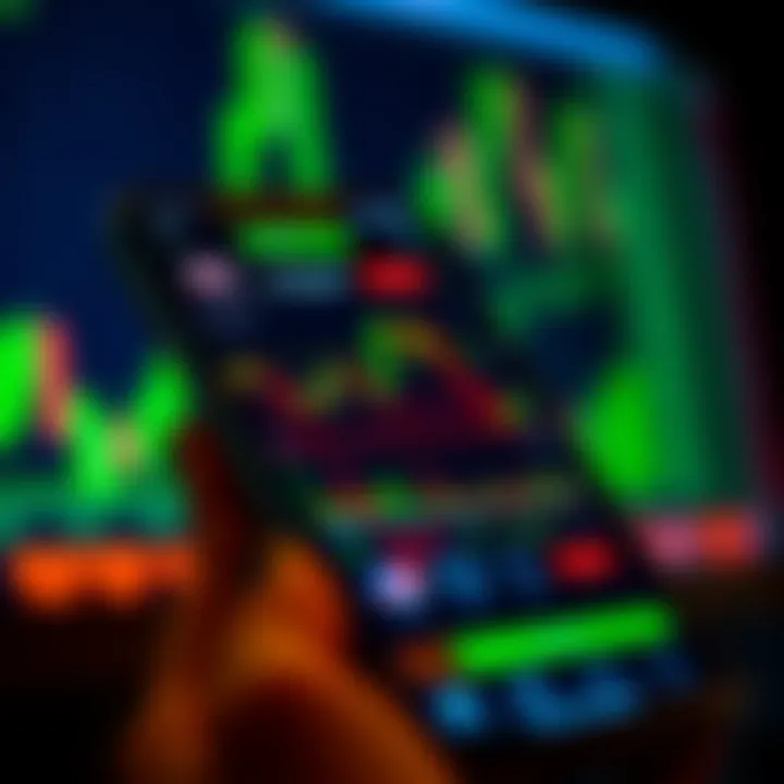 Smartphone screen displaying real-time stock market data with candlestick charts and trading indicators