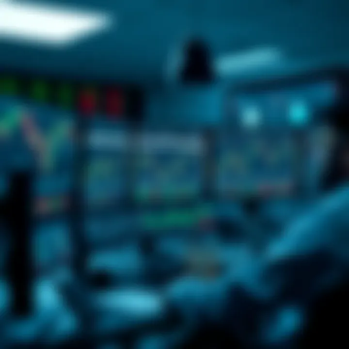 Trader's desk with multiple screens displaying forex market data and charts