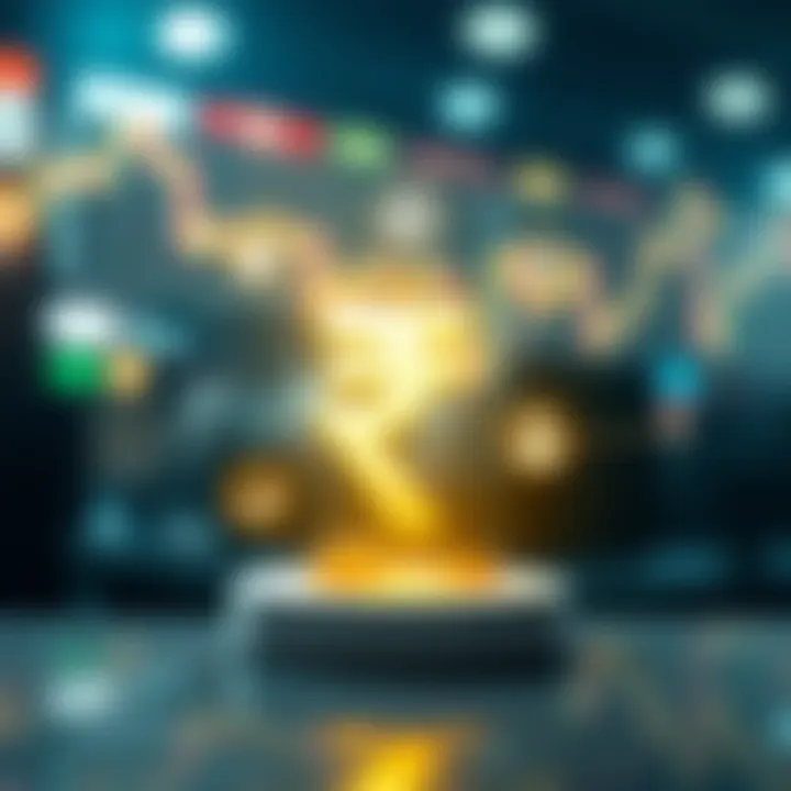 Conceptual graphic showing digital connection between Indian Rupee symbol and stock market icons