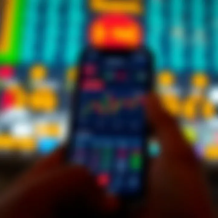 Mobile phone screen displaying various stock charts and trading options on an online shares trading app interface