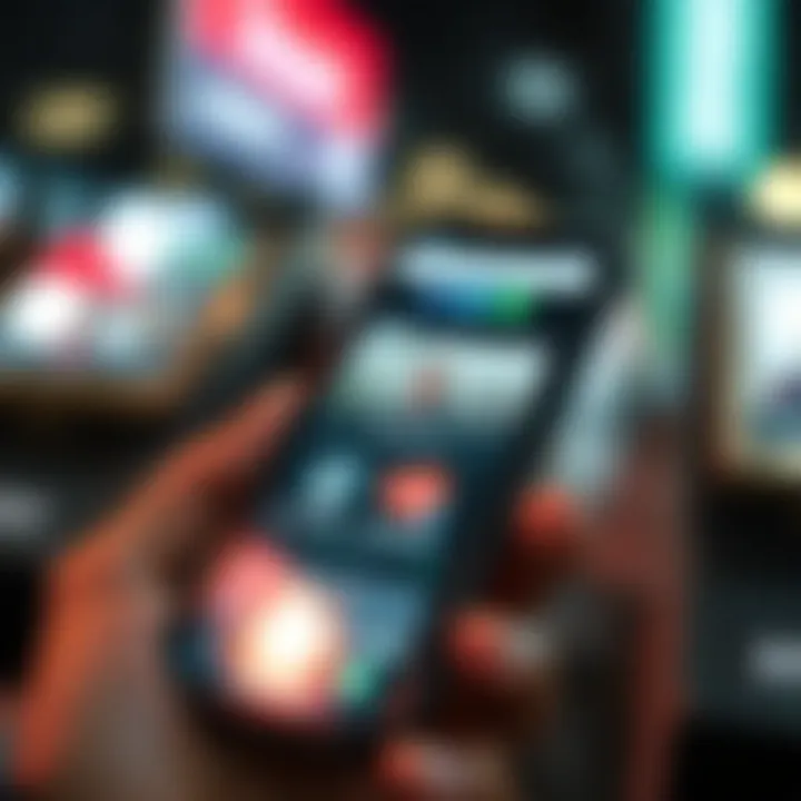 Mobile phone displaying various opinion trading app interfaces with icons representing features and user engagement