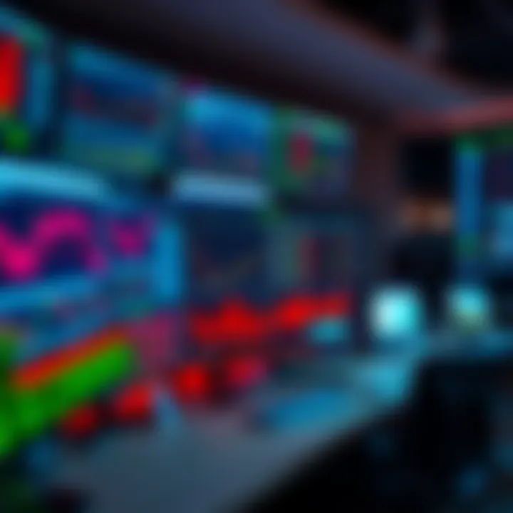 Trading workstation setup with multiple monitors showing stock analysis tools and market indicators