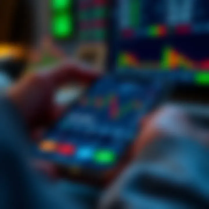 Illustration of a smartphone showing a simulated stock market app with fluctuating stock prices