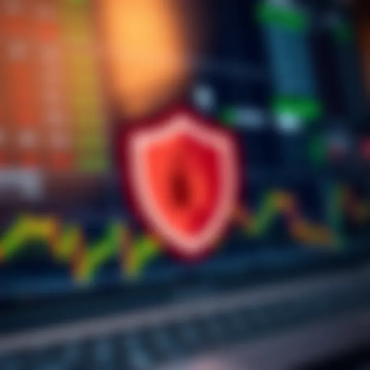 Security shield icon overlaying a digital trading platform symbolizing data protection and secure transactions