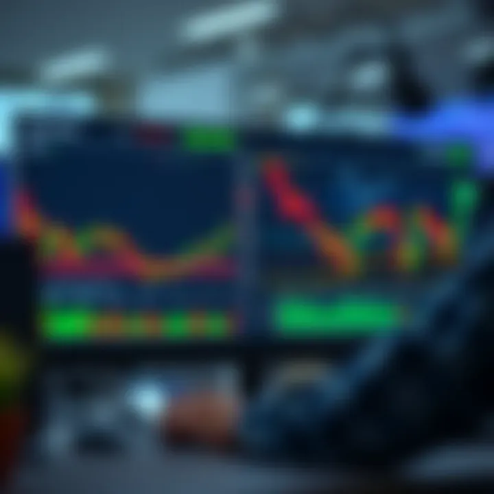 Digital interface showing simulated stock market trading with graphs and charts