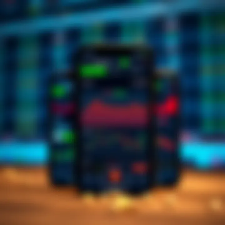 Mobile phone displaying various stock market trading app interfaces showing charts and portfolio