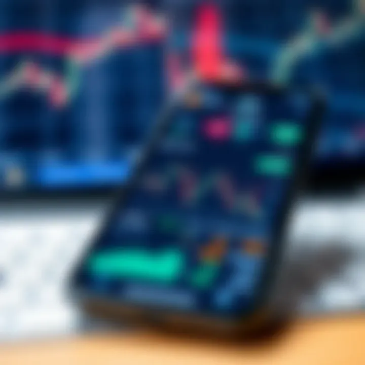 User interface of a mobile trading application displaying stock charts and market data