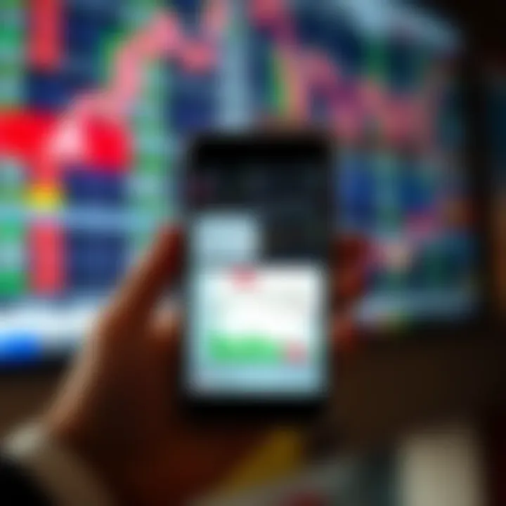 Mobile phone displaying various trading app interfaces with graphs and charts