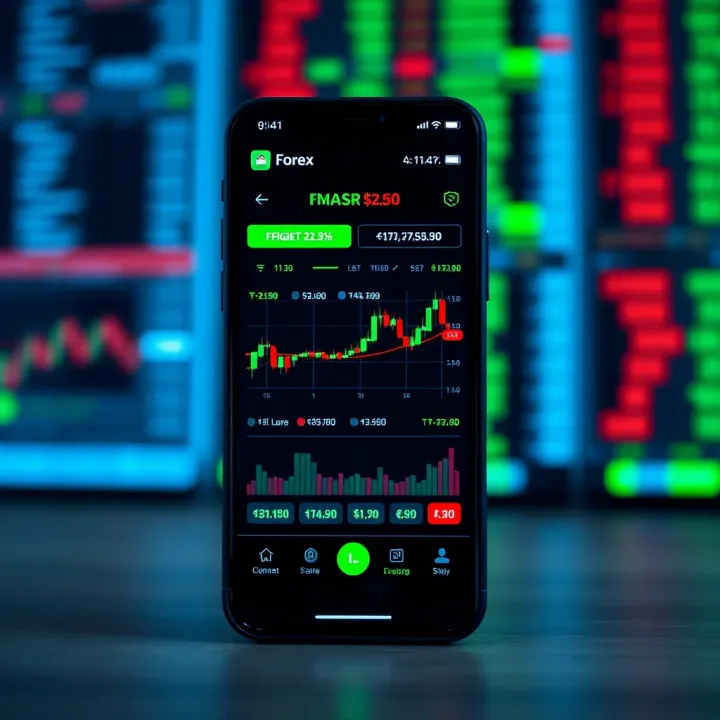 Mobile phone displaying forex trading app interface with currency exchange rates and charts
