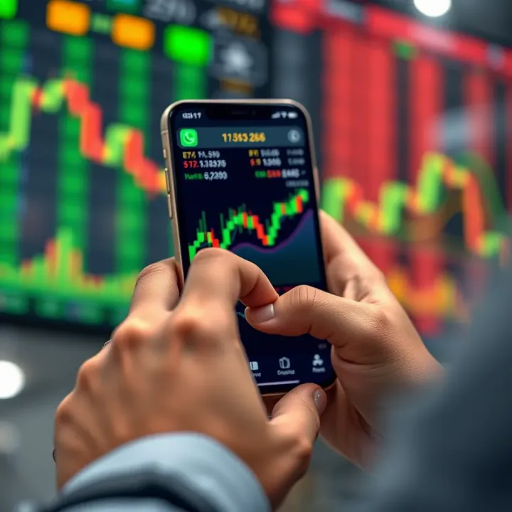 Mobile Forex Trading App Interface with Currency Charts User interacting with a mobile trading app displaying forex currency pairs and charts