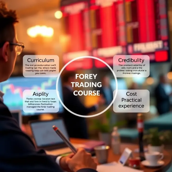 Diagram showing key factors to consider when selecting a forex trading course including curriculum, credibility, cost, and practical experience