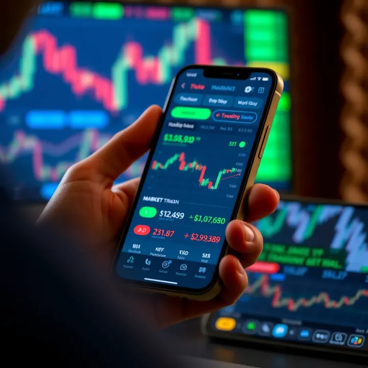 Trading App Interface Showing Market Trends Mobile phone displaying a trading app interface with graphs and stock prices
