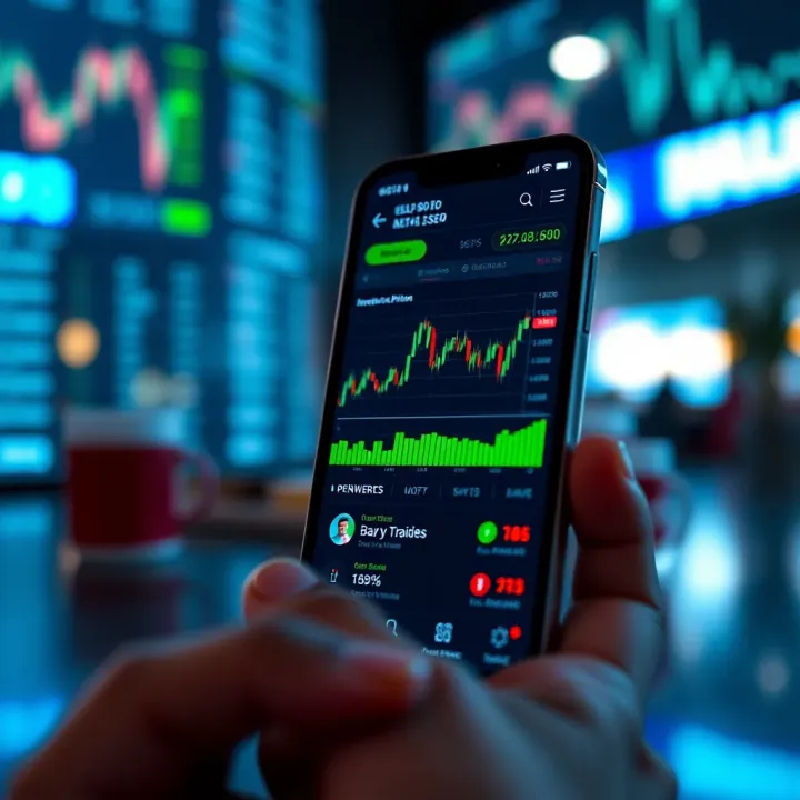 Trading App Interface Featuring Stock Charts and Investment Options Mobile phone displaying trading app interface with stock charts and investment options