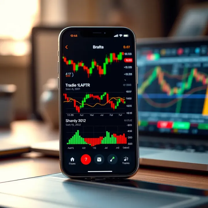Mobile phone displaying various financial charts and stock market data on trading application interface