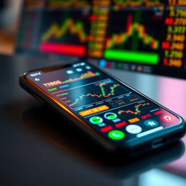 Digital Stock Market Interface on Mobile Device Digital interface displaying various stock market charts and indicators on a smartphone