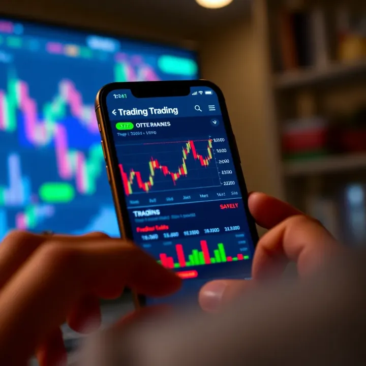 Mobile phone screen showing a trading app interface with charts and stock prices
