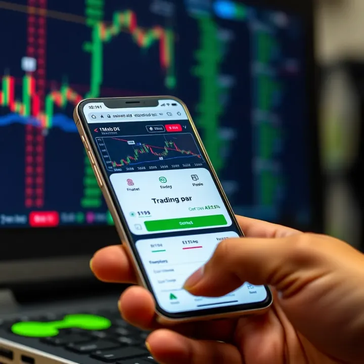 Mobile phone displaying a user-friendly trading application interface with charts and market data