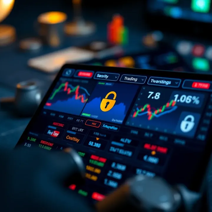 Interface displaying key features of a trading app with charts and security icons