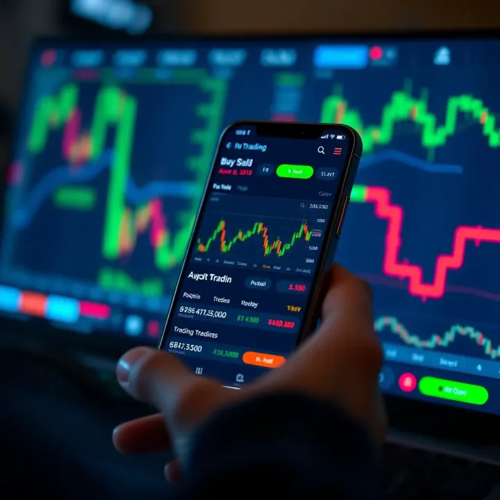 Mobile screen displaying an online trading app interface with charts and buy-sell options