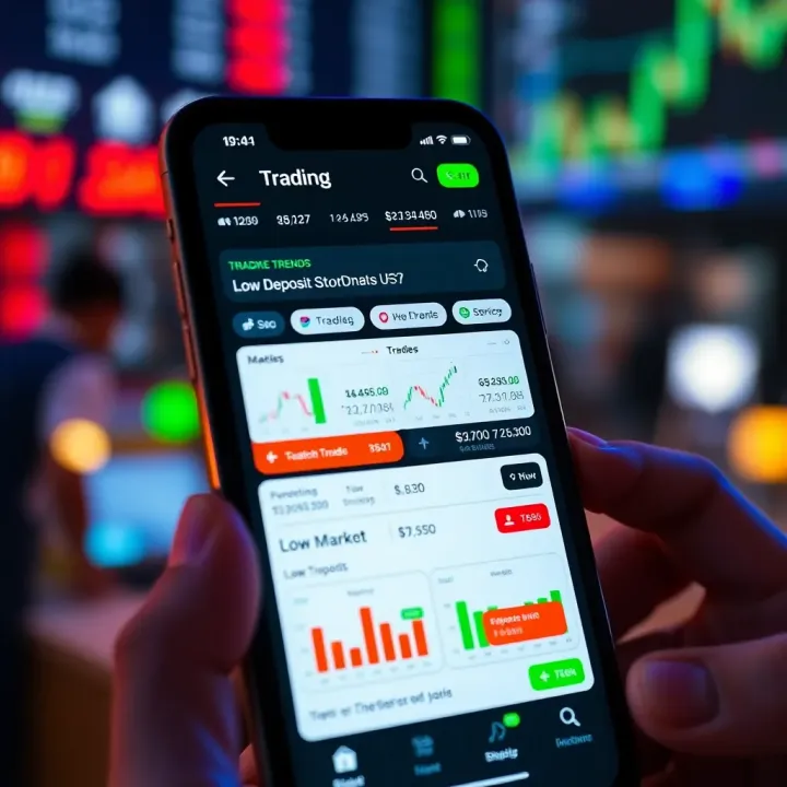 Mobile phone display showing various Indian stock market trading graphs and charts with low deposit indicators